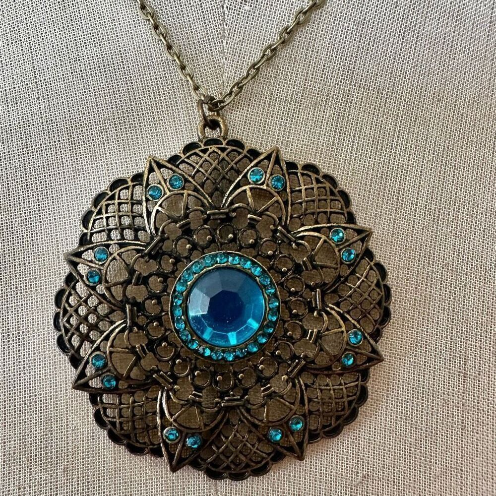 Boho Mandala pendant Necklace Antique Bronze with Blue rhinestones
